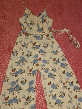American Eagle Outfitters Cream Floral Wide-Leg Jumpsuit with Blue Roses